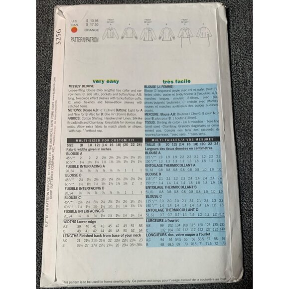 Butterick 3256 Misses' Shirt Sewing Pattern Sizes 8-10-12 Fast & Easy Uncut - Picture 2 of 2